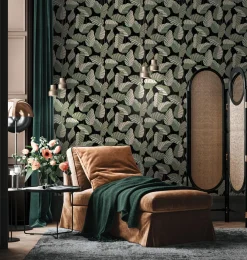 Vliestapete Blätter Schwarz Grün Gold Metallic 39094-2