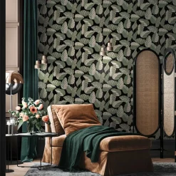Vliestapete Blätter Schwarz Grün Gold Metallic 39094-2