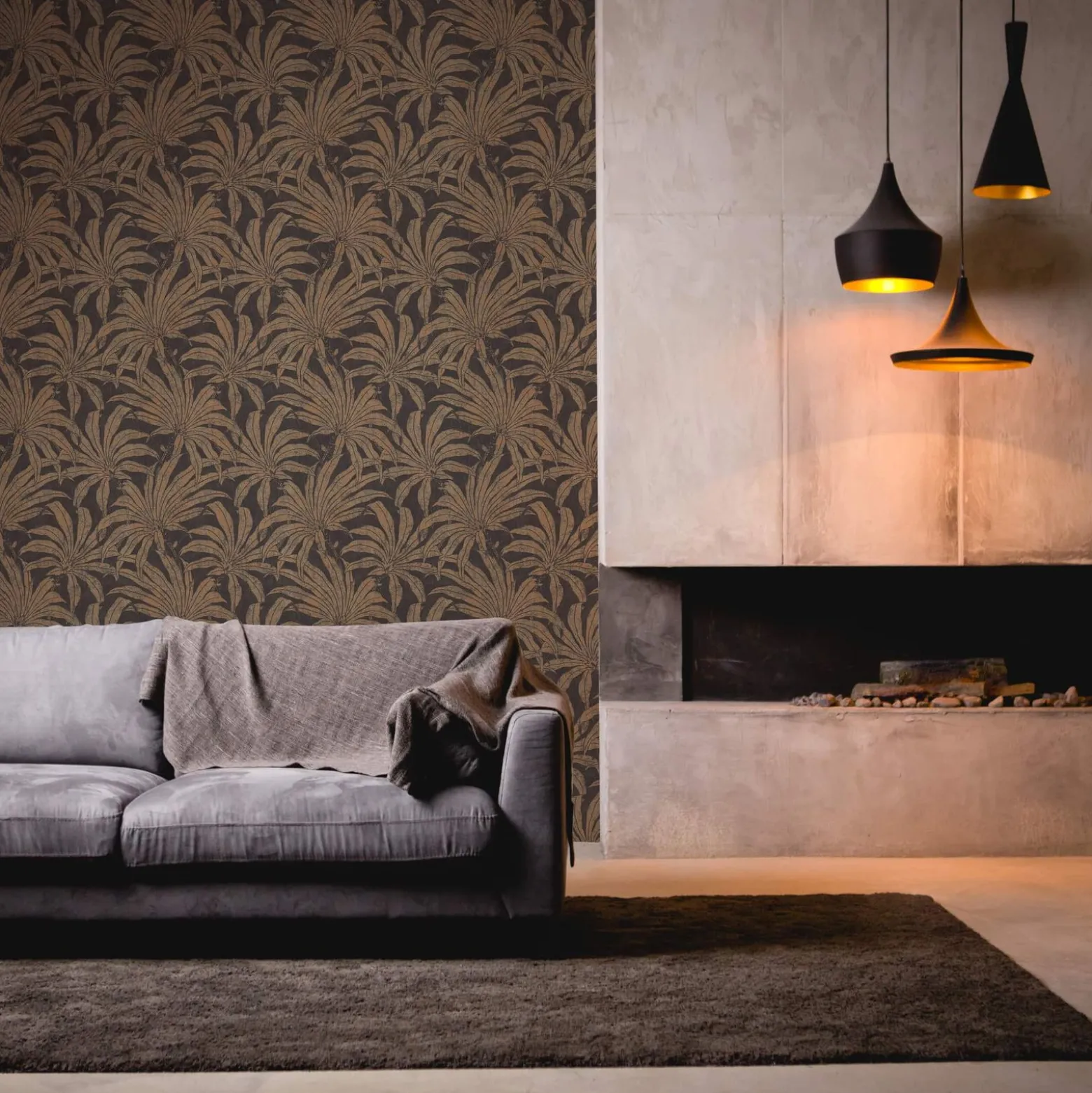 Vliestapete Blätter Schwarz Gold Kupfer Metallic 39501-1