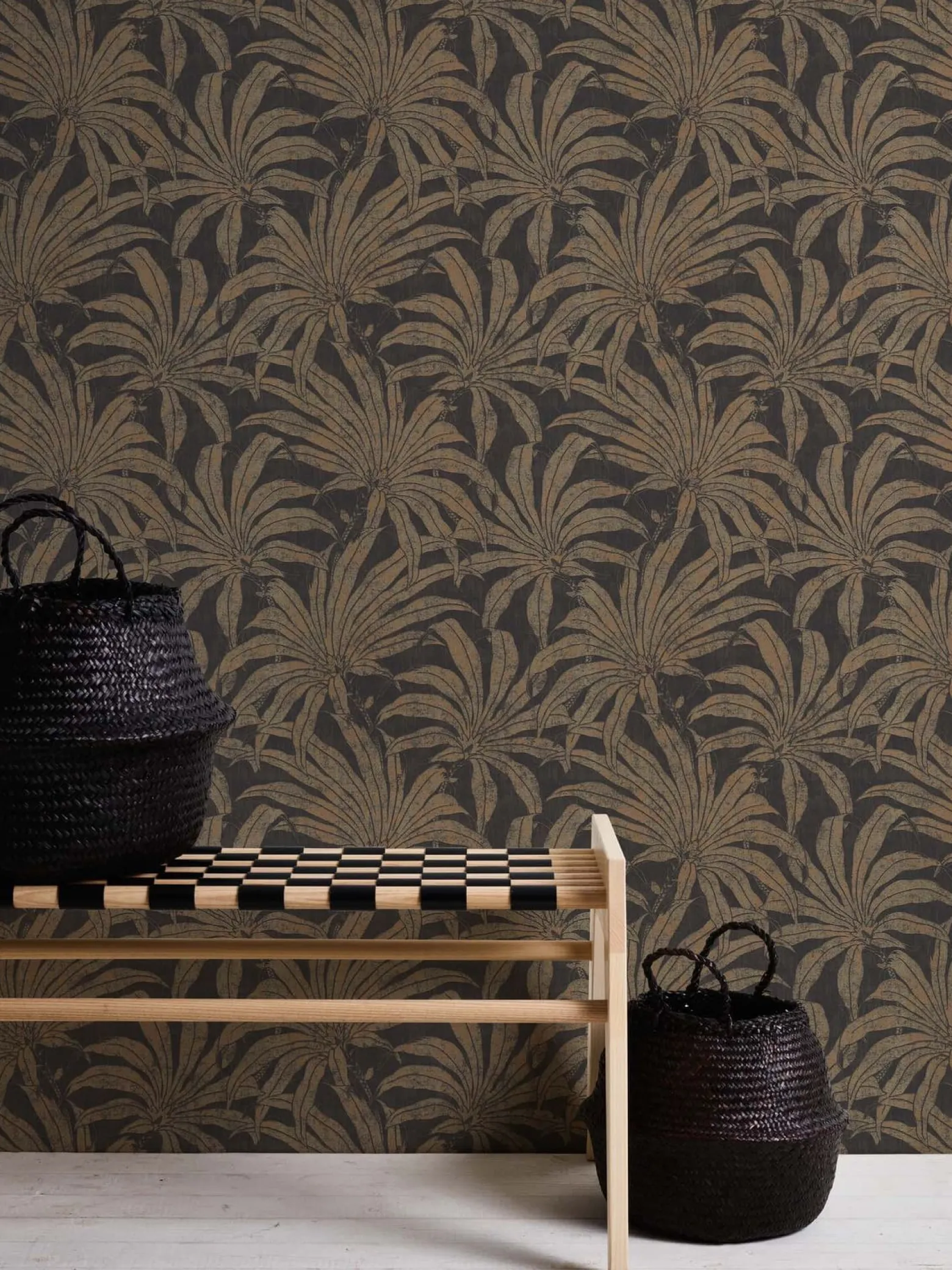 Vliestapete Blätter Schwarz Gold Kupfer Metallic 39501-1