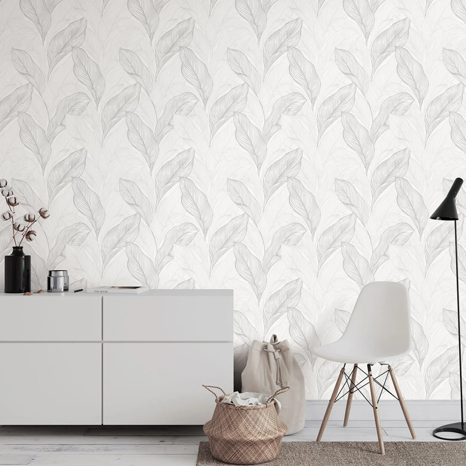 Vliestapete Blätter Struktur Weiß Silber Metallic 10282-31