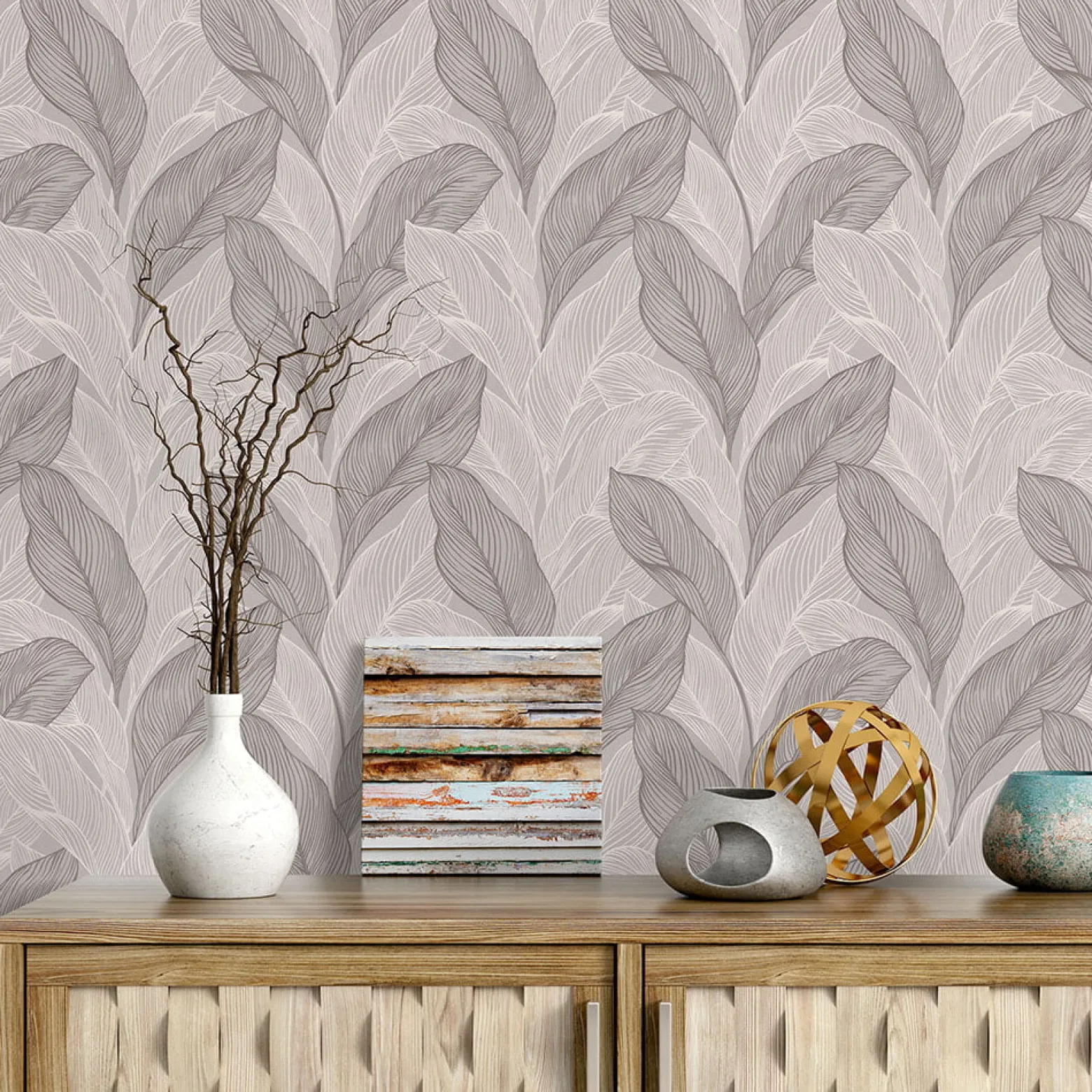 Vliestapete Blätter Struktur Beige Grau Metallic 10282-38