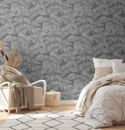 Vliestapete Blätter Tropen Grau Silber Metallic 39340-4