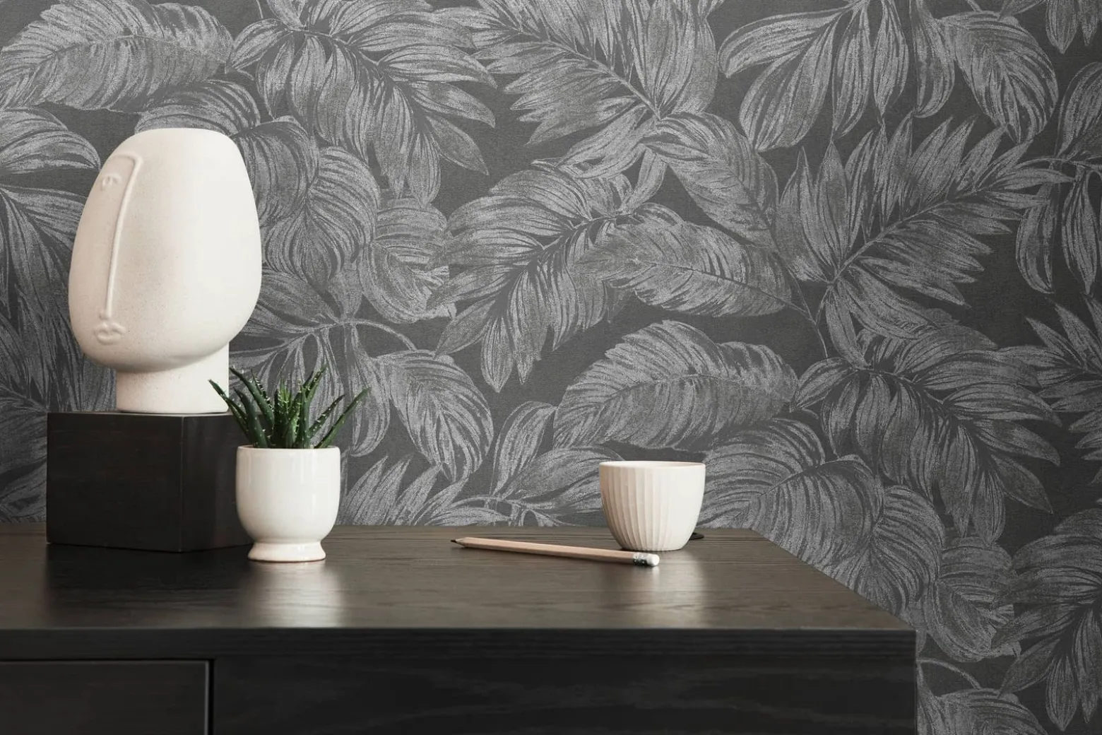 Vliestapete Blätter Tropen Grau Silber Metallic 39340-4