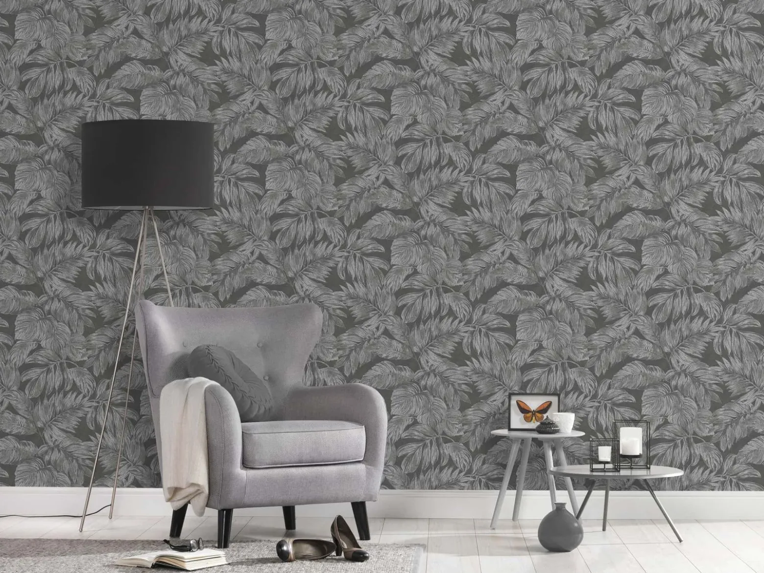 Vliestapete Blätter Tropen Grau Silber Metallic 39340-4
