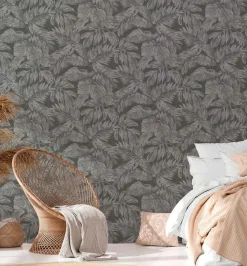Vliestapete Blätter Tropen Grau Silber Metallic 39340-4