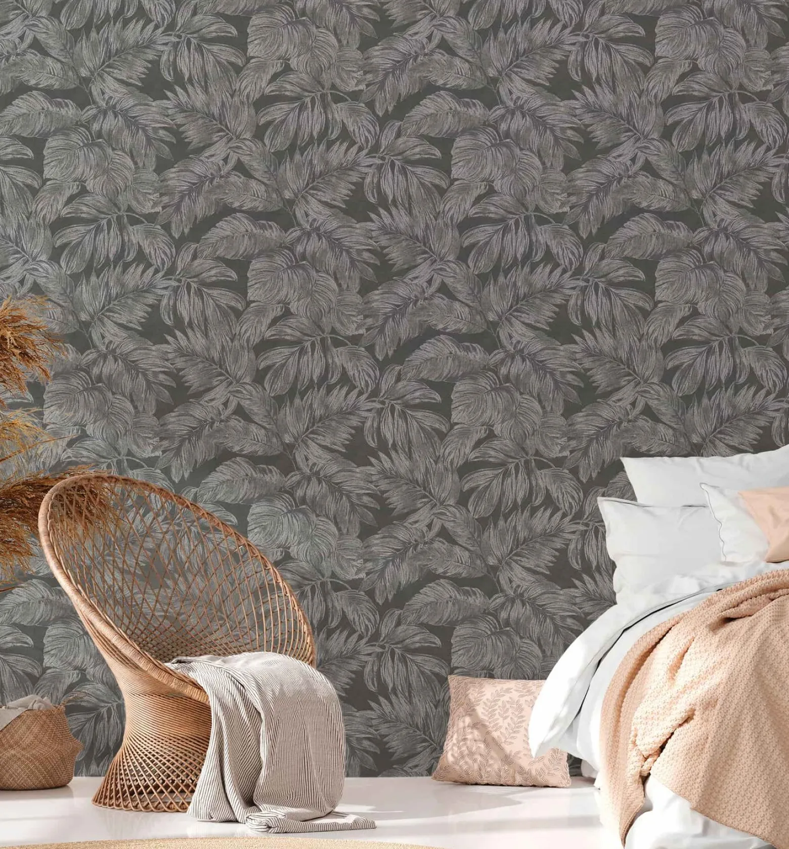 Vliestapete Blätter Tropen Grau Silber Metallic 39340-4