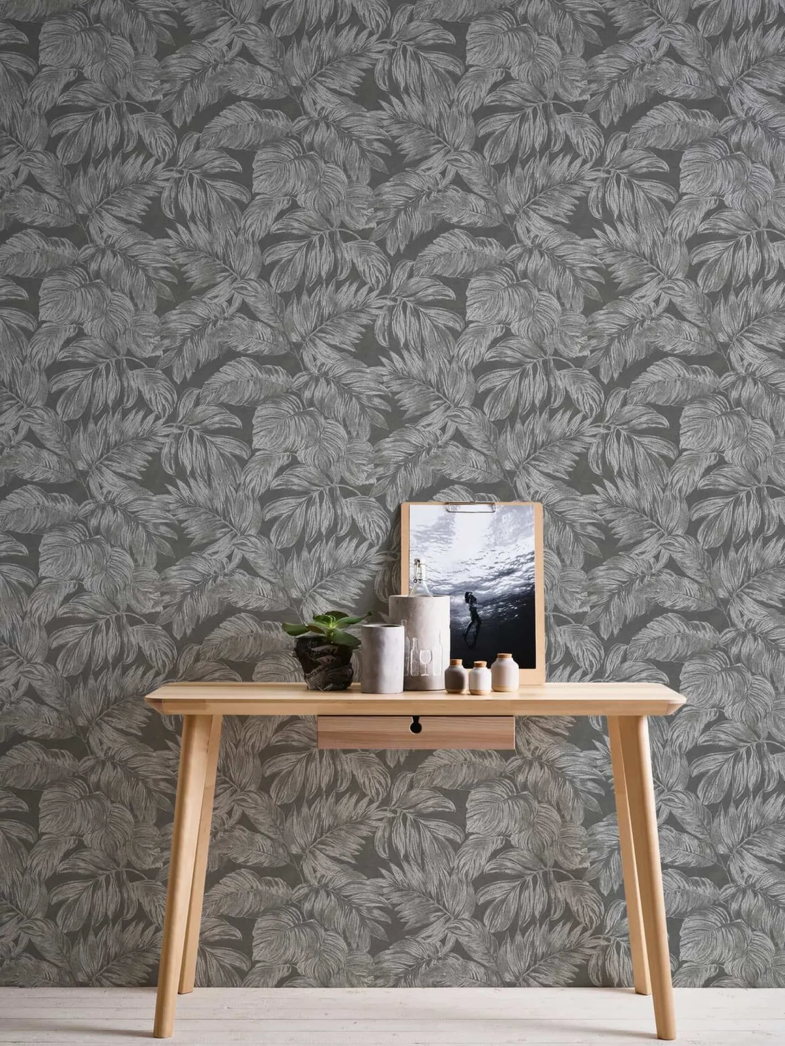 Vliestapete Blätter Tropen Grau Silber Metallic 39340-4