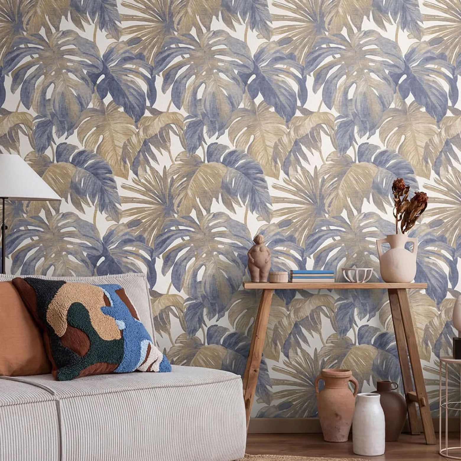 Vliestapete Blätter Tropisch Creme Braun Blau 10558-44