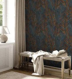 Vliestapete Blätter Tropisch Schwarz Orange Glanz 39038-6