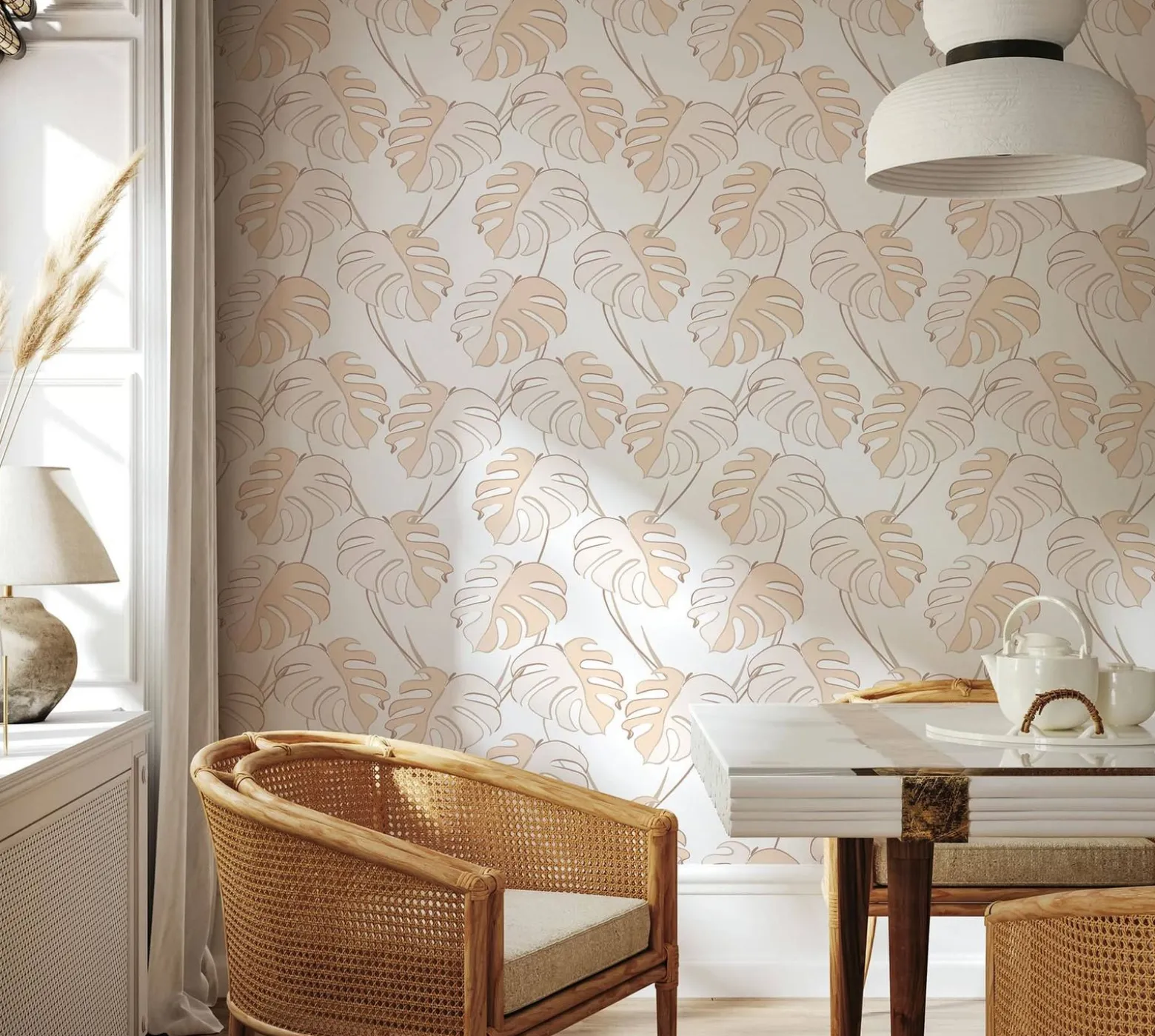 Vliestapete Blätter Tropisch Weiß Beige Apricot 81605