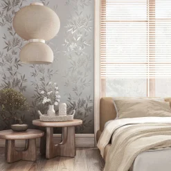 Vliestapete Blätter Weiß Beige Silber Metallic 82459