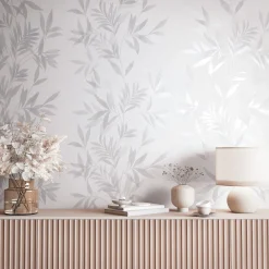 Vliestapete Blätter Weiß Grau Silber Metallic 82460