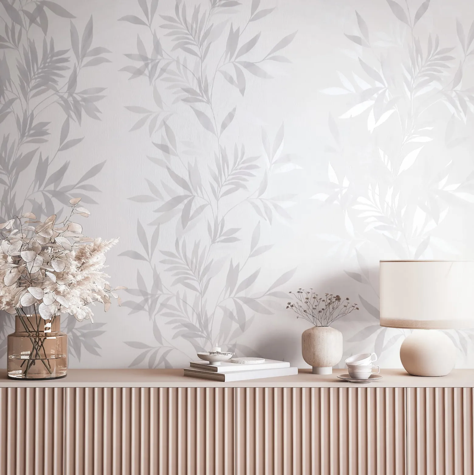 Vliestapete Blätter Weiß Grau Silber Metallic 82460