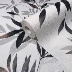 Vliestapete Blätter Weiß Schwarz Silber Metallic 82458