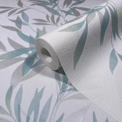 Vliestapete Blätter Weiß Türkis Silber Metallic 82461