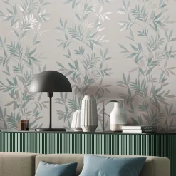 Vliestapete Blätter Weiß Türkis Silber Metallic 82461