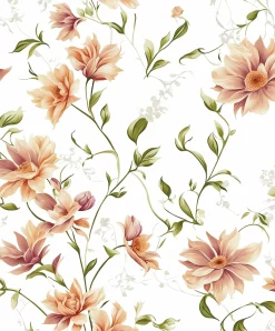 Vliestapete Blumen Blätter Weiß Orange Grün 89023