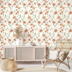 Vliestapete Blumen Blätter Weiß Orange Grün 89023