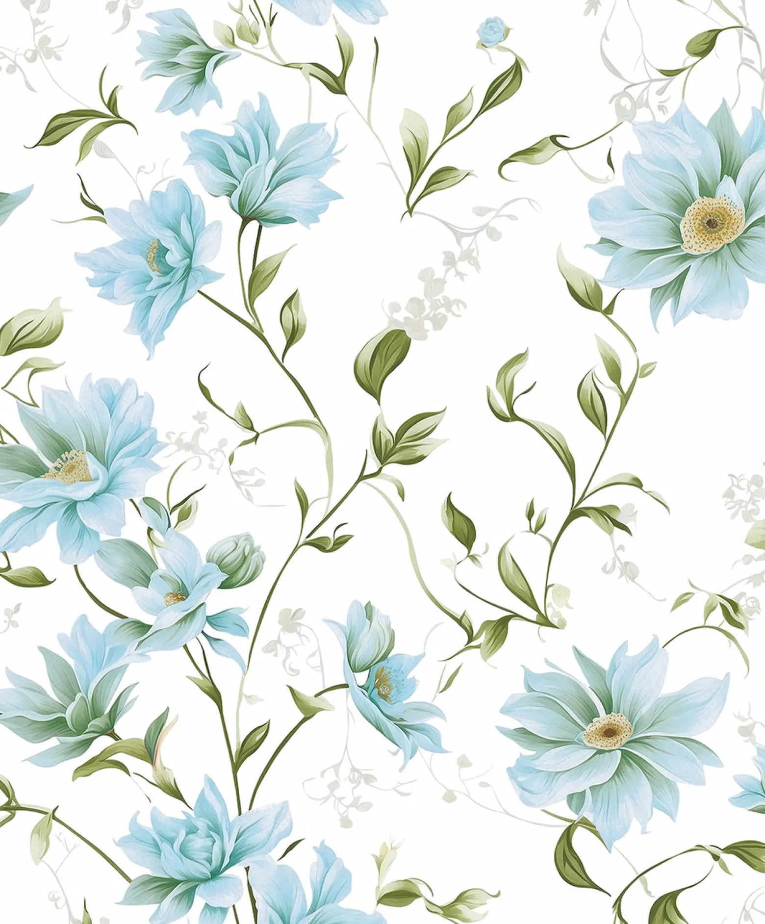 Vliestapete Blumen Blätter Weiß Blau Grün 89022