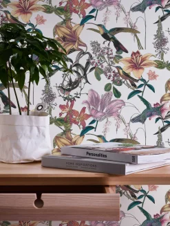 Vliestapete Blumen Kolibri Floral weiß bunt 37701-1
