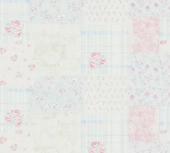 Vliestapete Blumen Patchwork Karo Blau Weiß Rosa