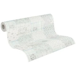 Vliestapete Blumen Patchwork Karo Blau Grau Weiß 39066-4