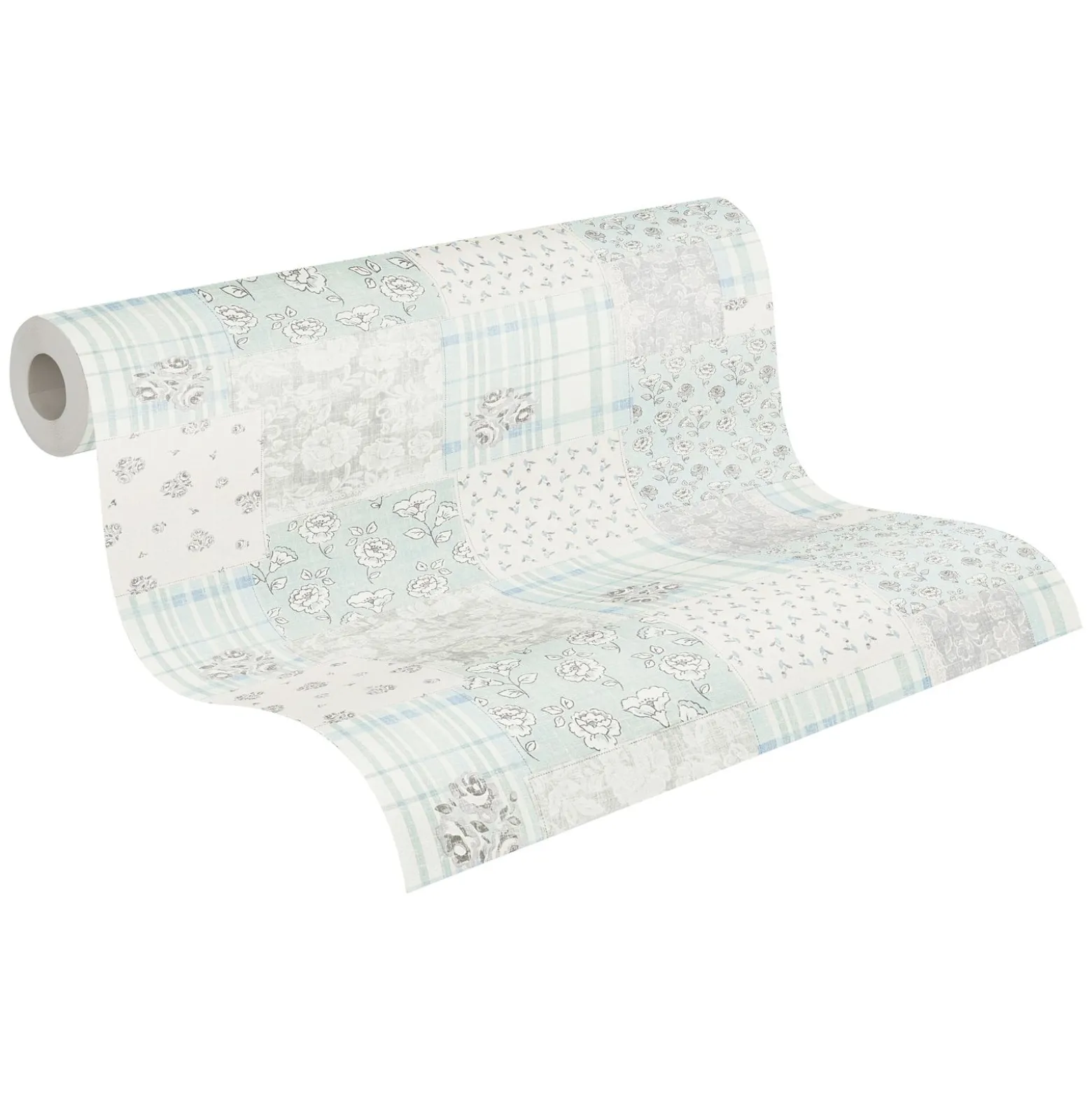 Vliestapete Blumen Patchwork Karo Blau Grau Weiß 39066-4