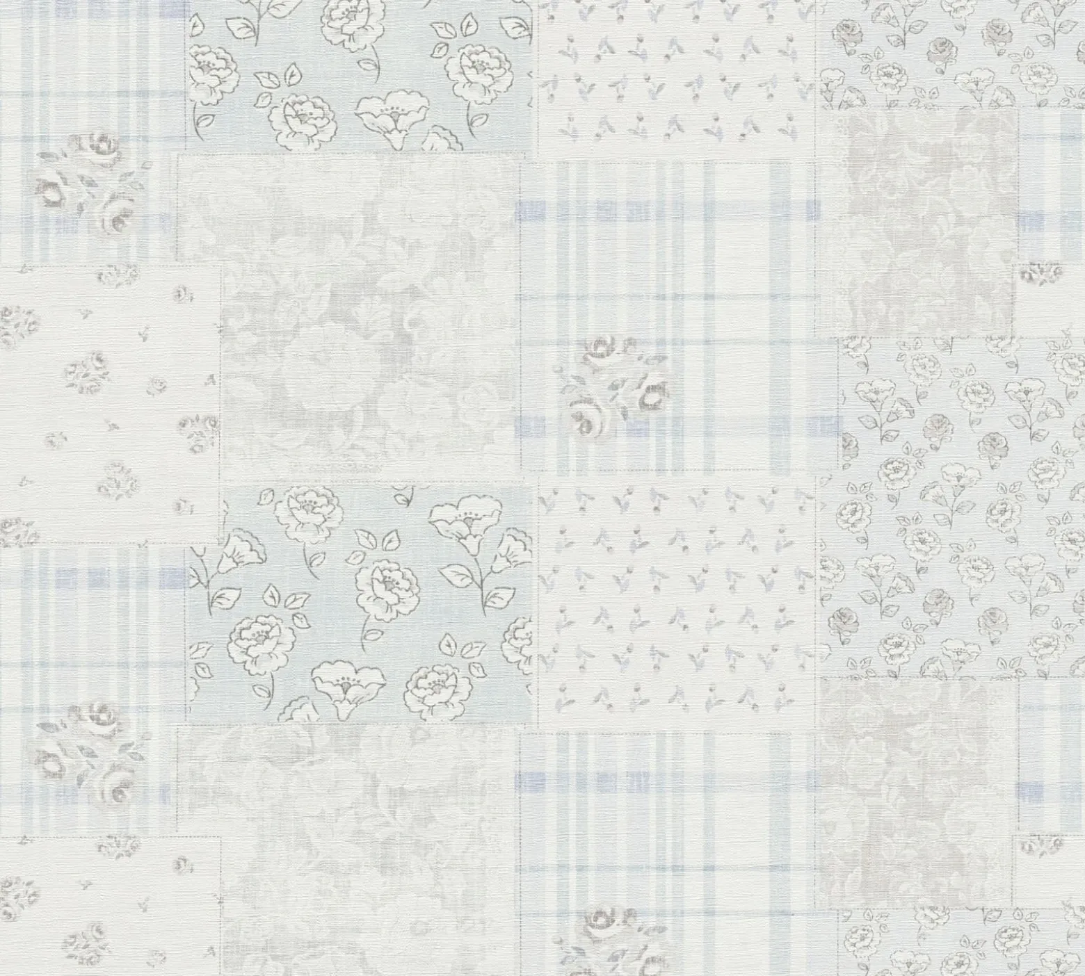 Vliestapete Blumen Patchwork Karo Blau Grau Weiß 39066-4