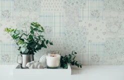 Vliestapete Blumen Patchwork Karo Blau Grau Weiß 39066-4
