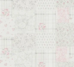 Vliestapete Blumen Patchwork Karo Rosa Grau Weiß
