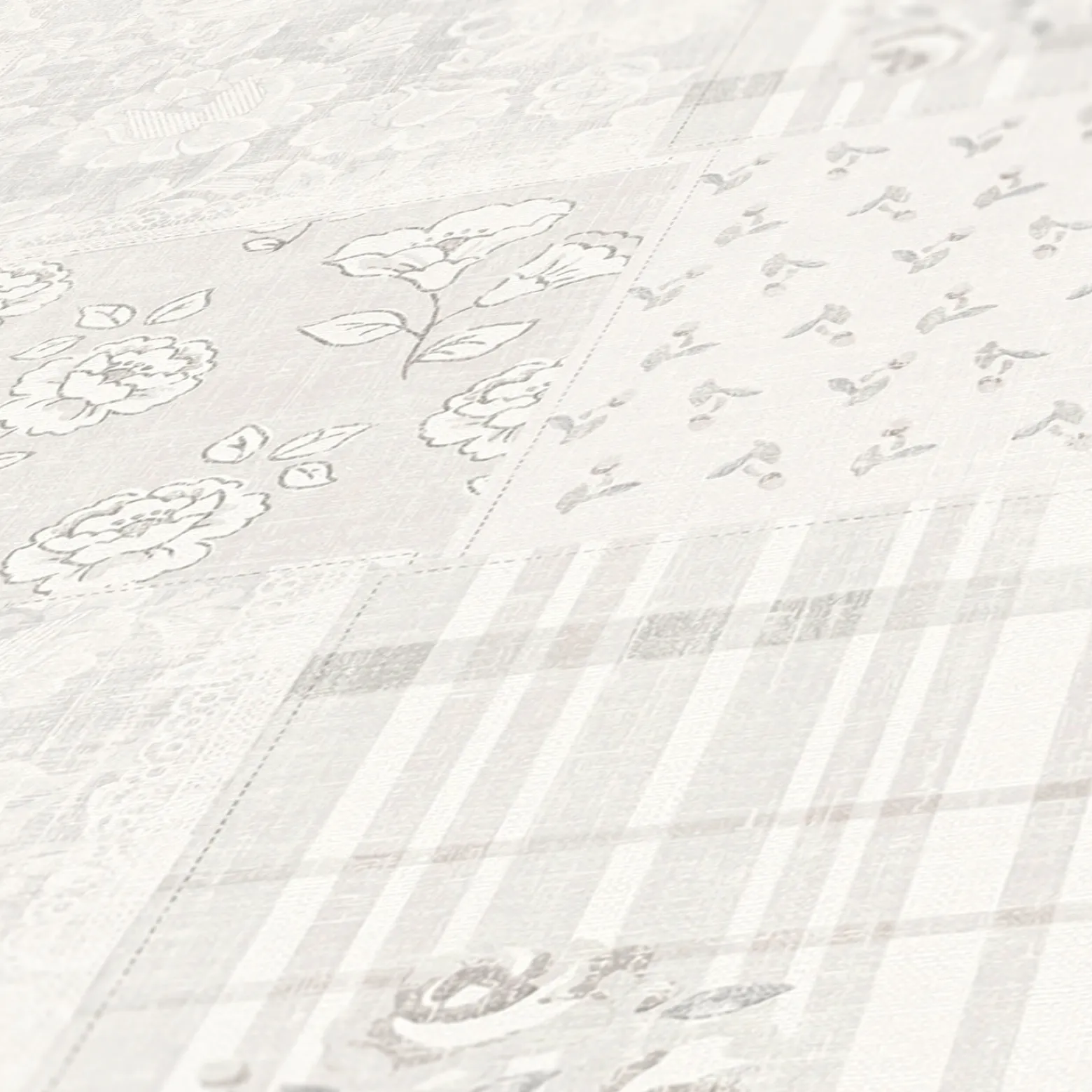 Vliestapete Blumen Patchwork Karo Hellgrau Weiß 39066-2