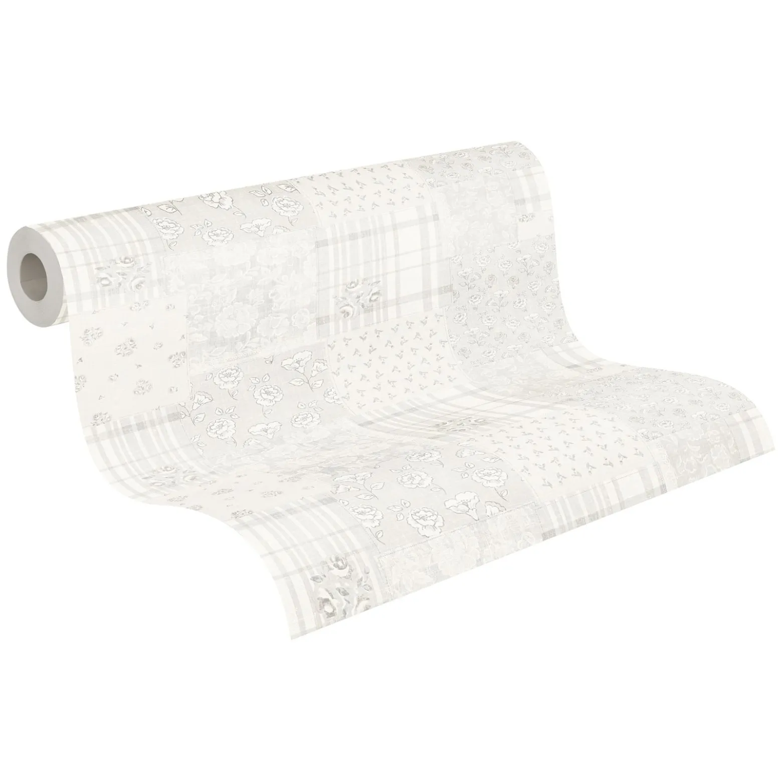 Vliestapete Blumen Patchwork Karo Hellgrau Weiß 39066-2