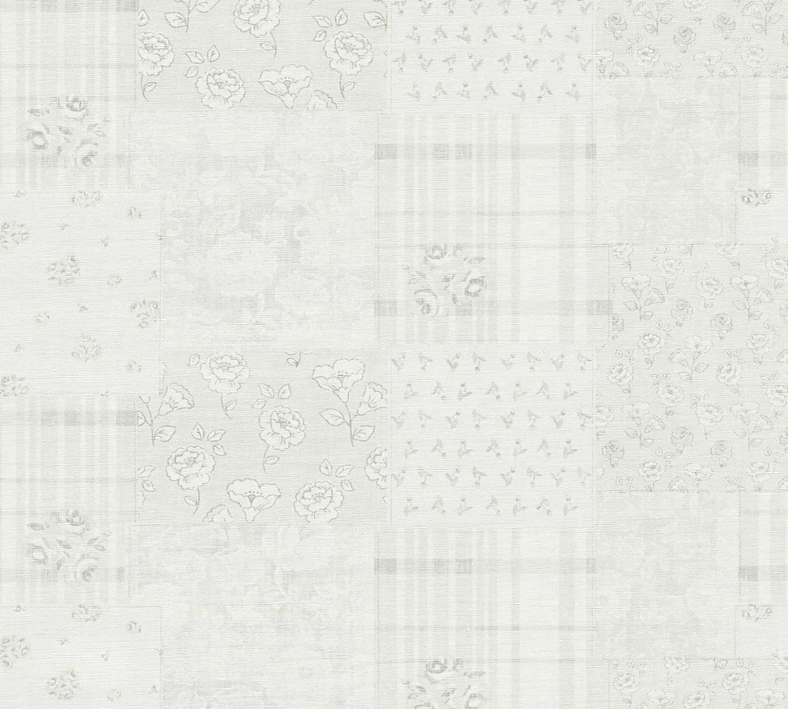 Vliestapete Blumen Patchwork Karo Hellgrau Weiß 39066-2
