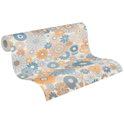Vliestapete Blumen Retro Floral Blau Orange 39535-2