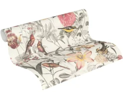 Vliestapete Blumen Vögel Floral weiß gelb grau 37276-1