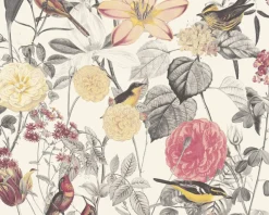 Vliestapete Blumen Vögel Floral weiß gelb grau 37276-1
