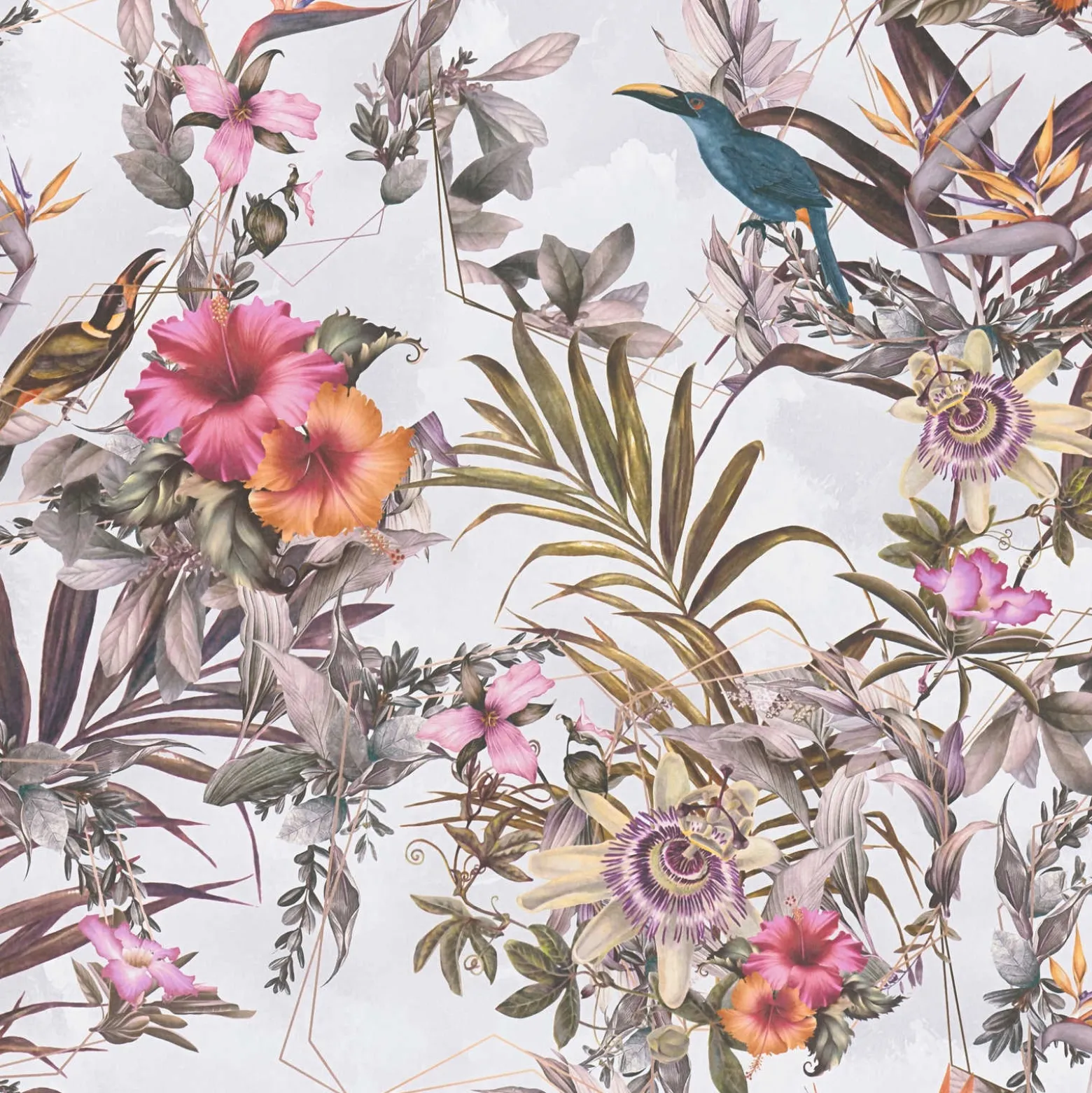 Vliestapete Blumen Vögel Floral hellblau bunt 38178-7