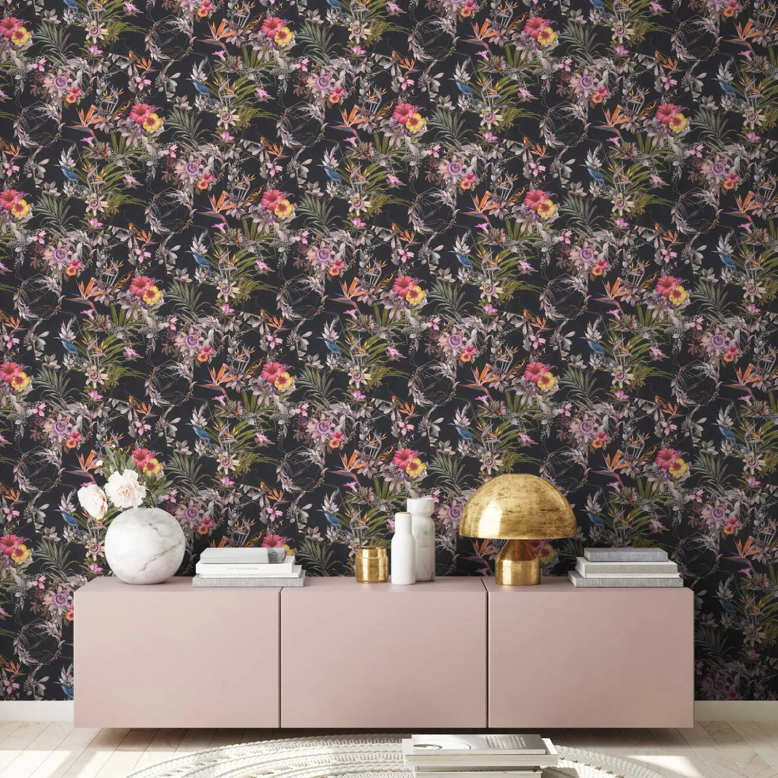 Vliestapete Blumen Vögel Floral schwarz bunt 38178-1