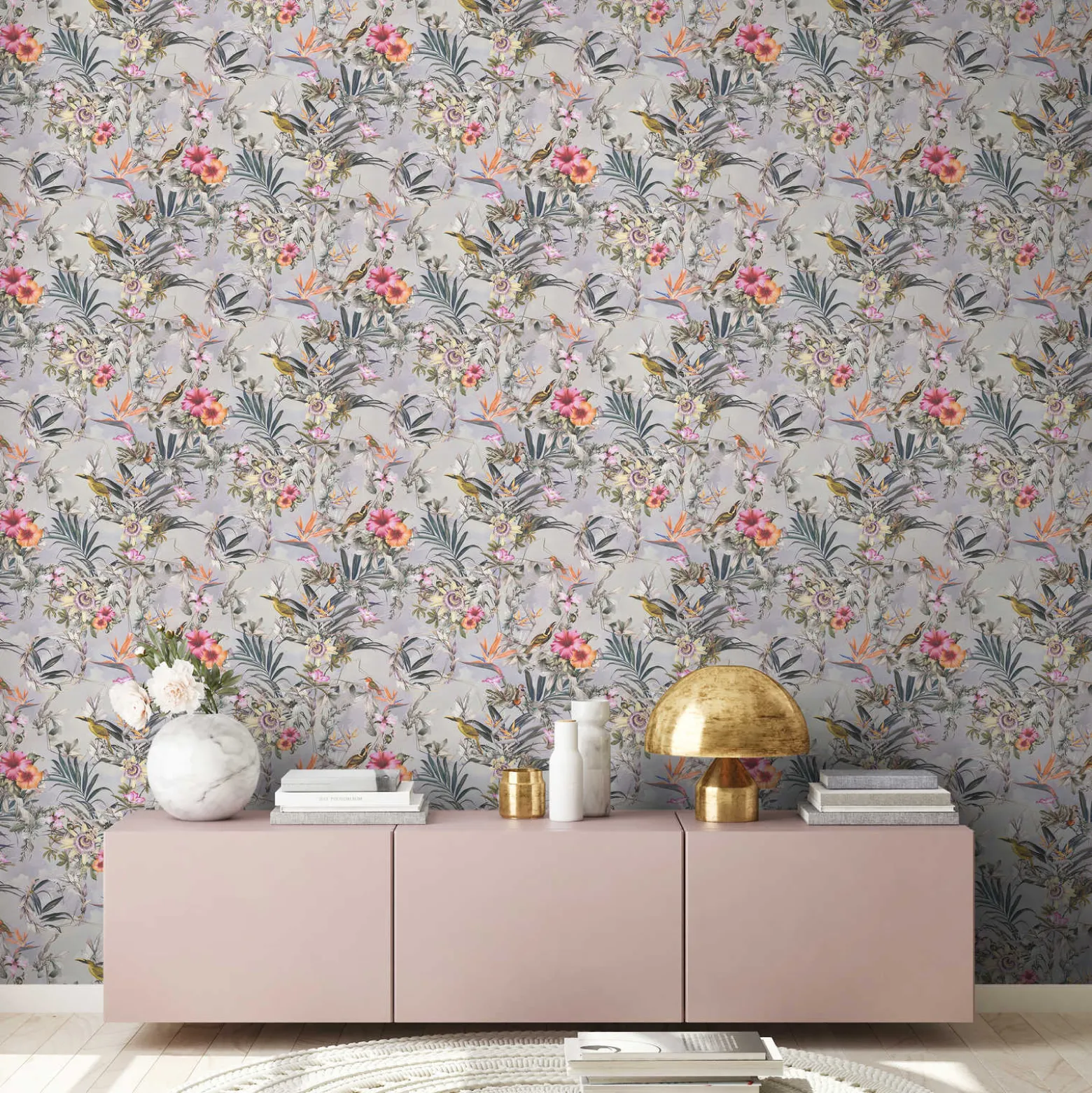 Vliestapete Blumen Vögel Floral grau bunt 38178-2
