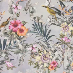Vliestapete Blumen Vögel Floral grau bunt 38178-2