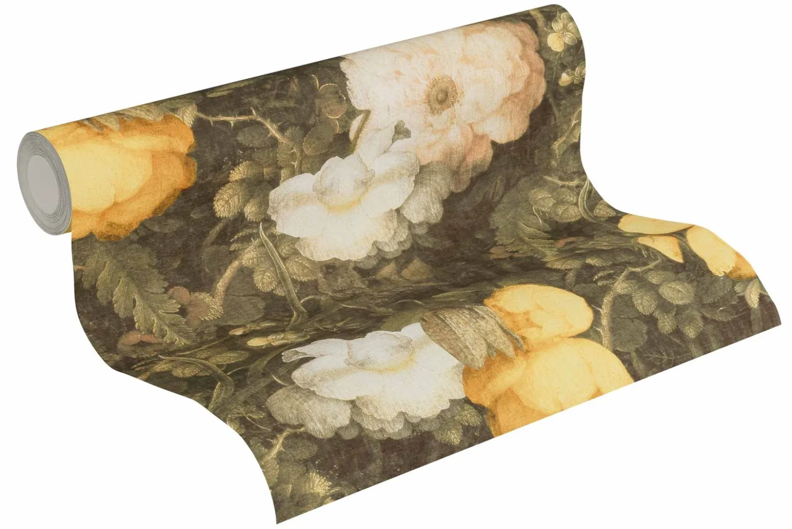 Vliestapete Blumen Vintage dunkelgrün gelb 36921-1
