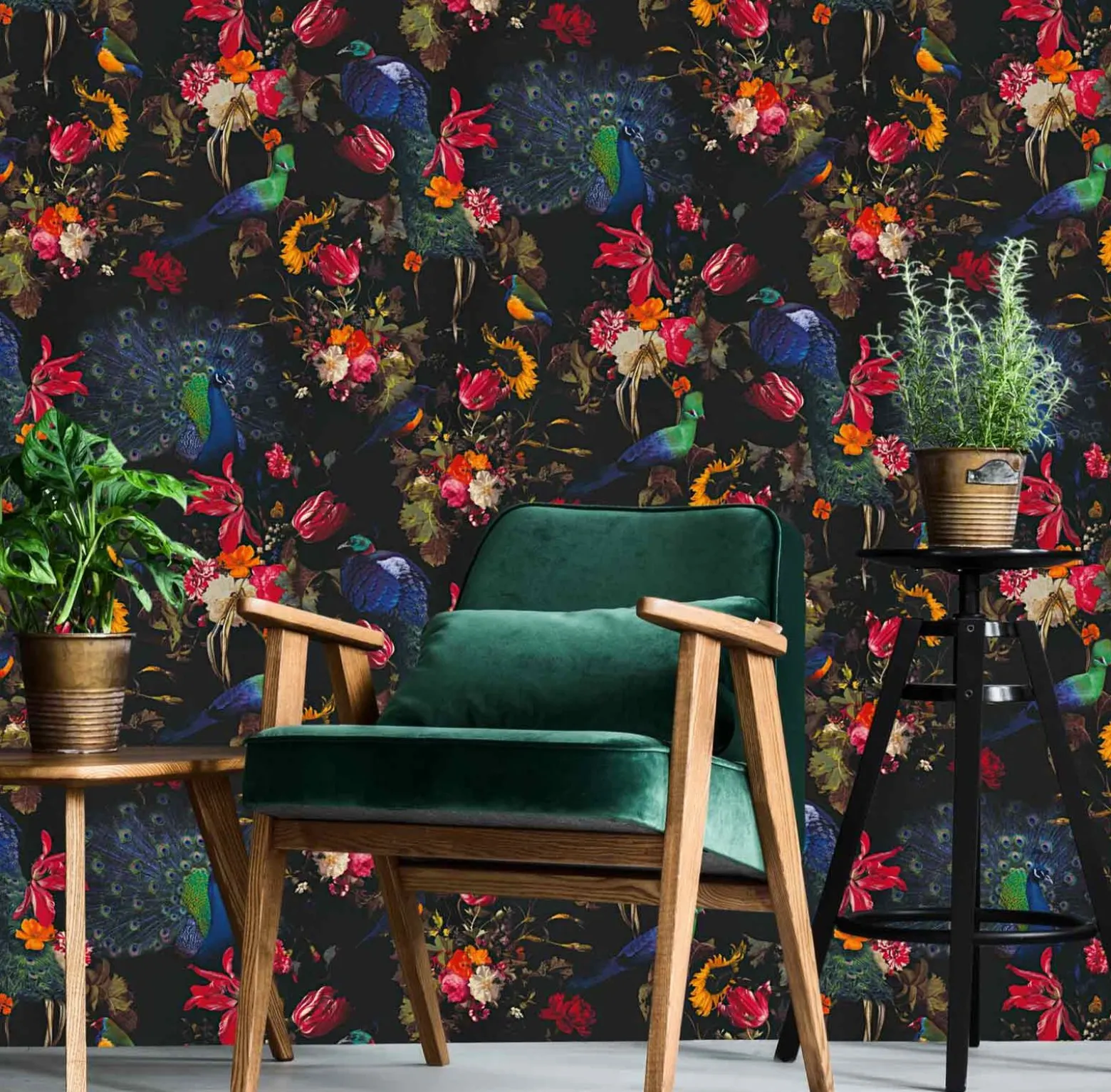 Vliestapete Blumen Vogel schwarz bunt Instawalls 6371-15
