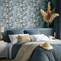 Vliestapete Blumen Zweige Blau Lila Grün 89036