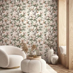Vliestapete Blumen Zweige Creme Beige Grün 89034
