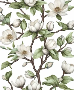 Vliestapete Blumen Zweige Weiß Grün Braun 89038