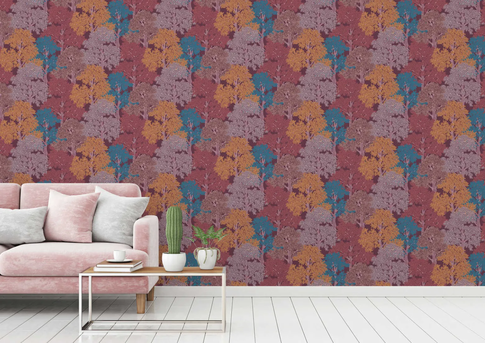 Vliestapete Bäume Blätter rot gelb blau 37753-3