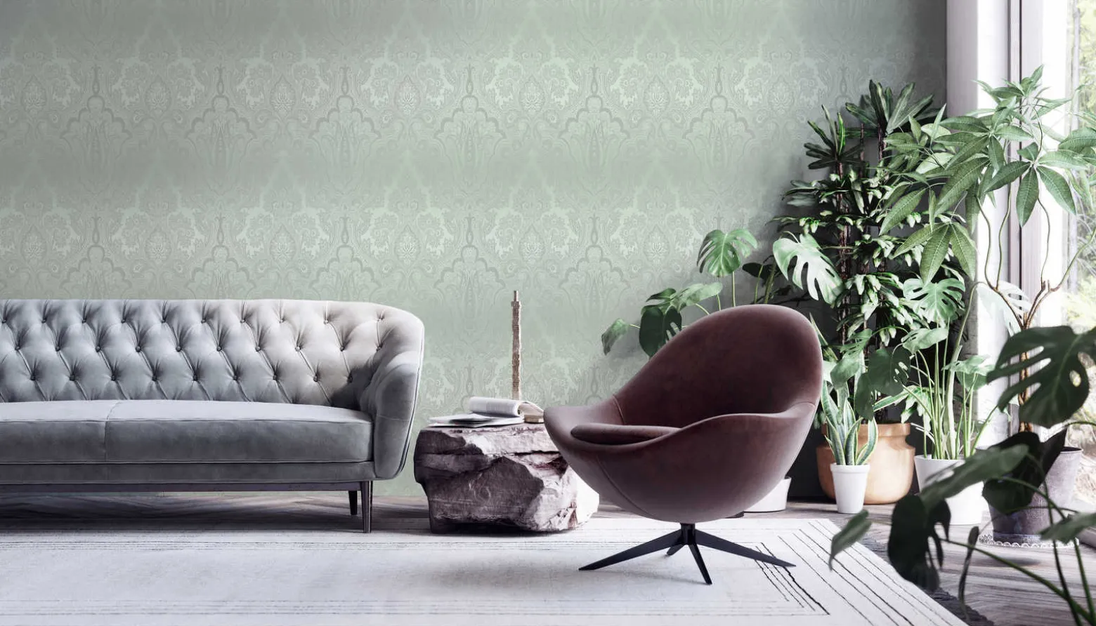 Vliestapete Damast-Design grau-grün silber 38708-1