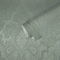 Vliestapete Damast-Design grau-grün silber 38708-1