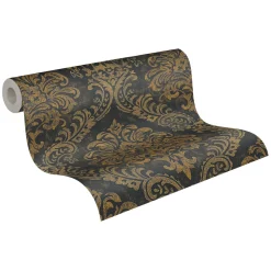 Vliestapete Damast Motiv Metallic Schwarz Gold 39112-3